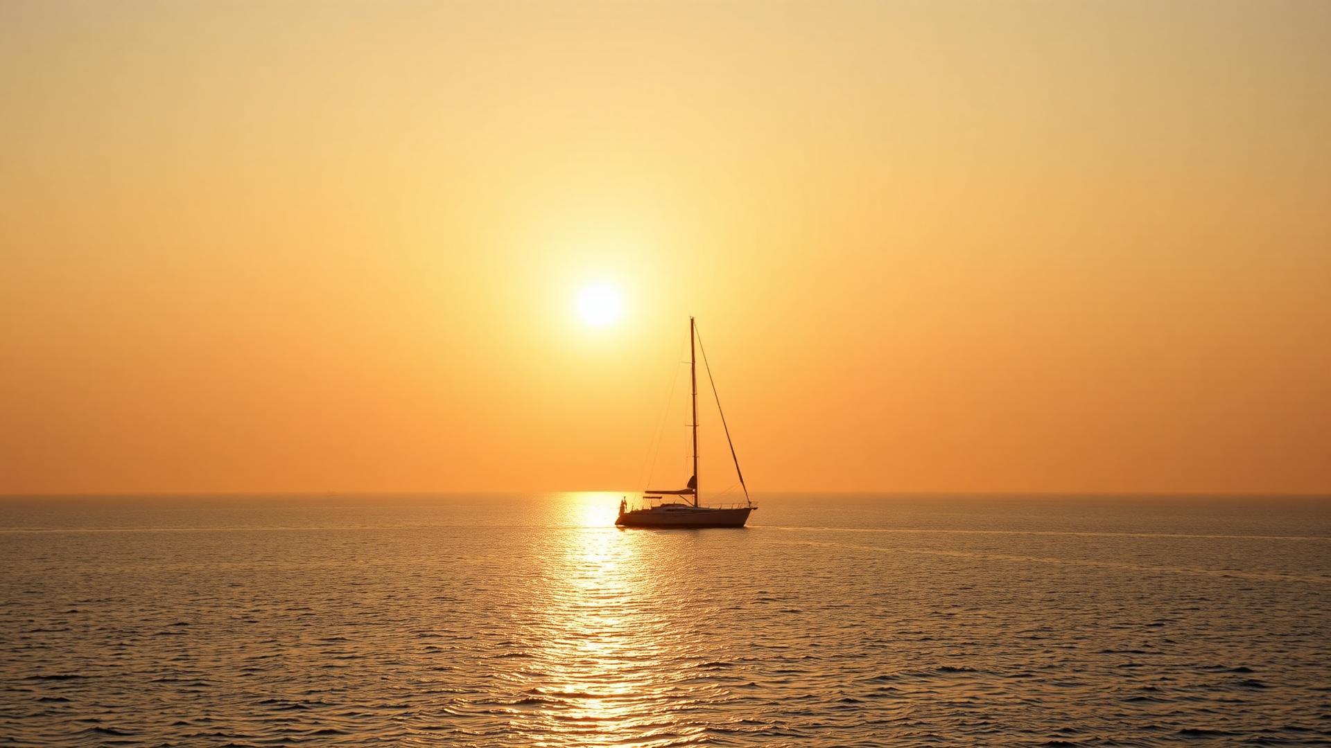 A yacht on a still ocean at sunset