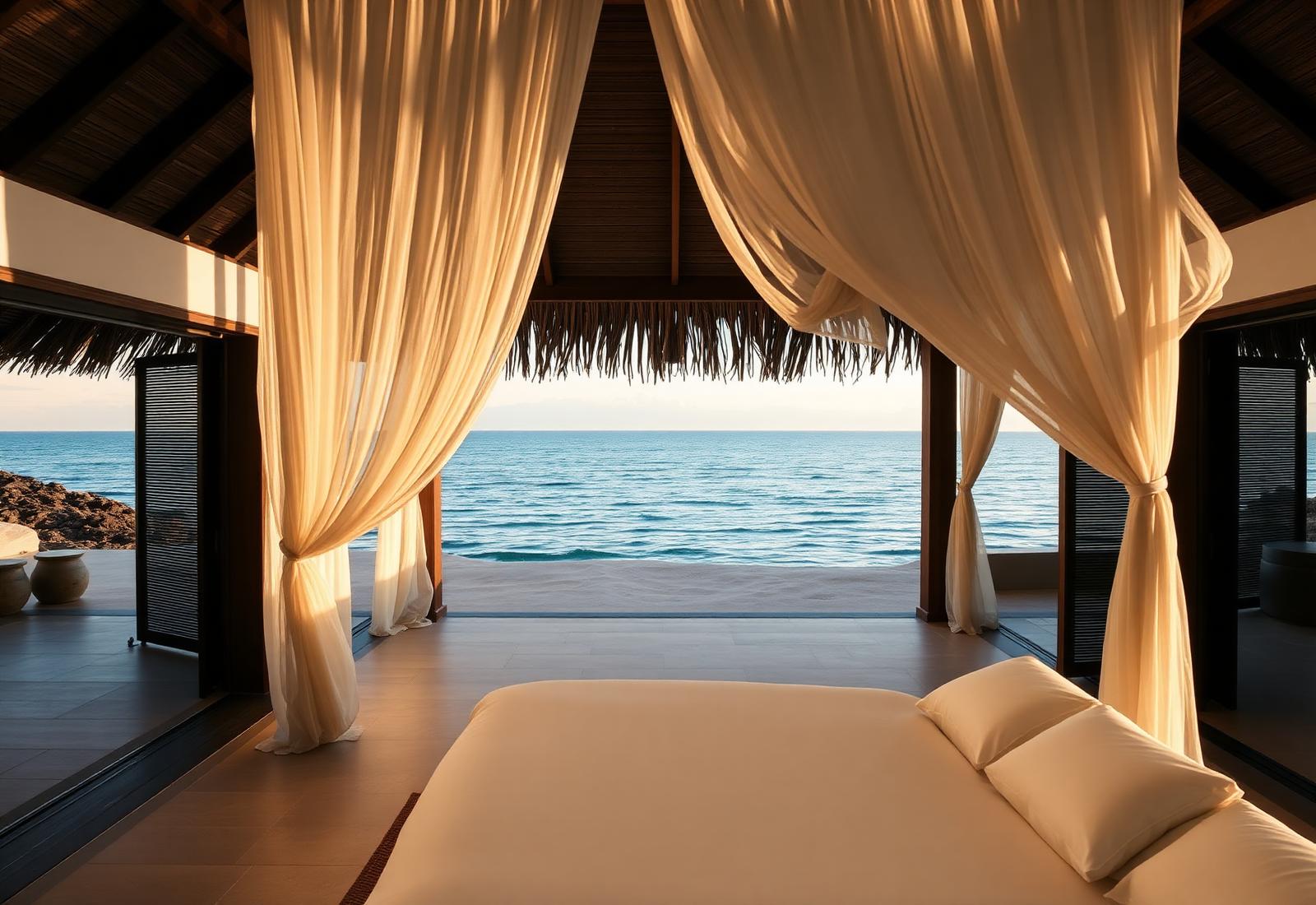 An open-air villa at dawn, looking out to the ocean