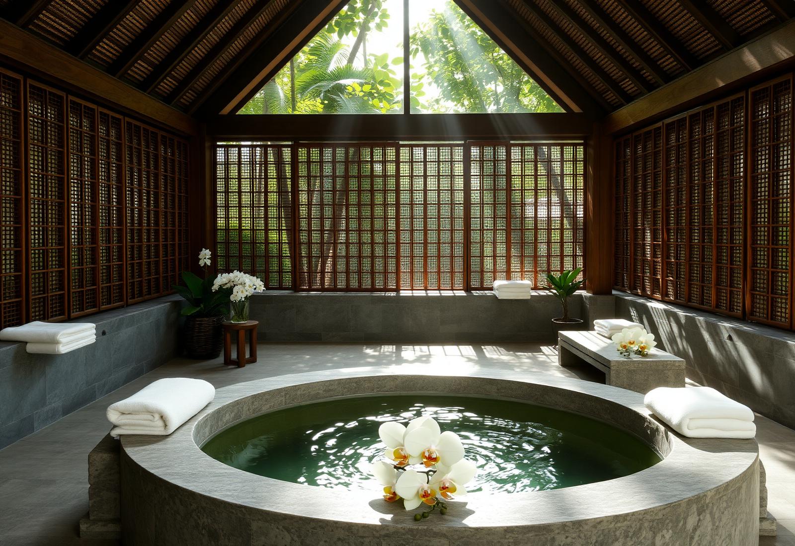 A stone spa pavilion open to the jungle